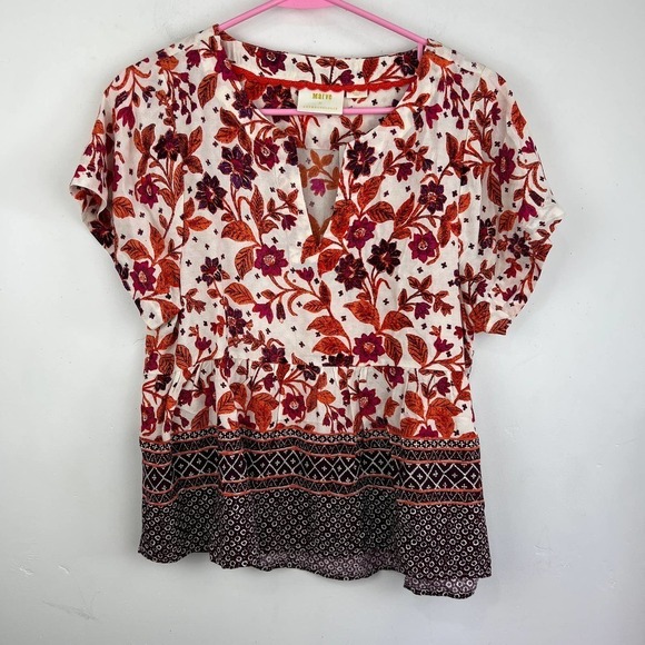 Anthropologie Maeve Floral Leaf Print Short Sleeve Blouse Womens Size:XS NWT - Picture 1 of 6